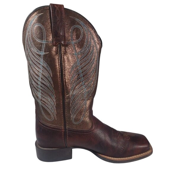 Ariat Women's Round Up Wide Square Toe Western Boot Sz 7.5 B Brown Leather Blue - Picture 7 of 8